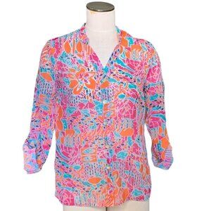 Choices Colorful Mesh-Linen Blend Button Front Roll Tab Top Sz S 102A